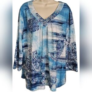 Women's 2X Alfred Dunner Top Blue Green White Black 3/4 Sleeve Studded V-neck